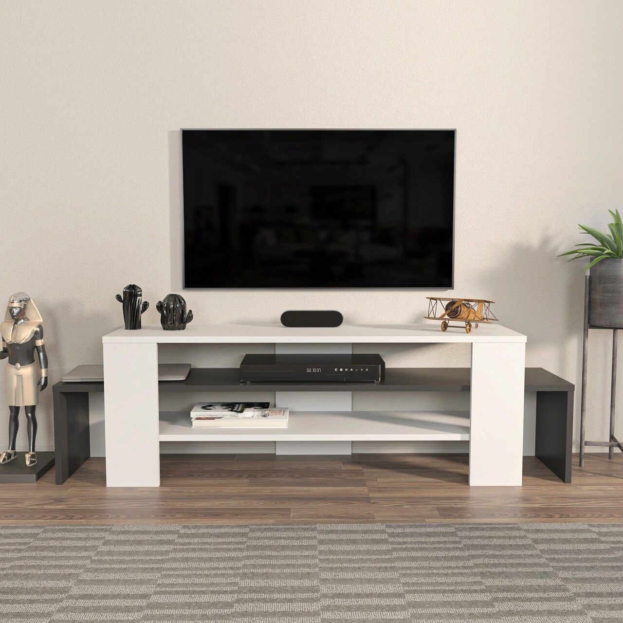 Comoda TV, Hanah Home, Lenora, 150x45x35 cm, Alb / Antracit - imagine 6